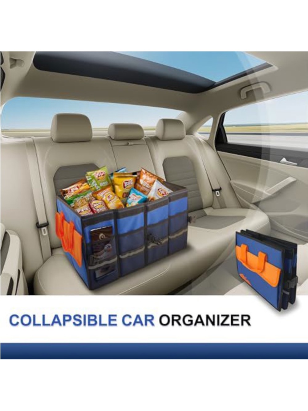 Collapsible Blue and Orange Car Trunk Organizer - Multi-Compartment Storage